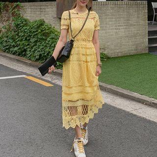 Short-sleeve Perforated Trim Lace A-line Midi Dress