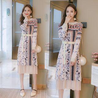 Belted Printed Long-sleeve Midi Dress