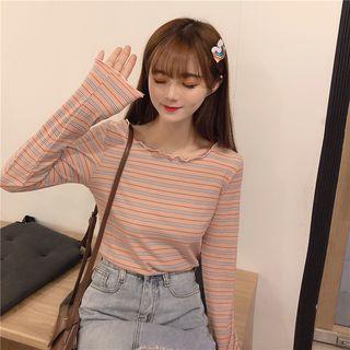 Striped Ruffle-trim Long-sleeve Top