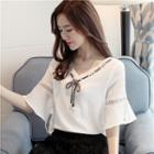 V-neck Bow Accent Elbow-sleeve Top