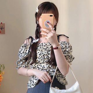 Puff-sleeve Cold-shoulder Floral Print Blouse