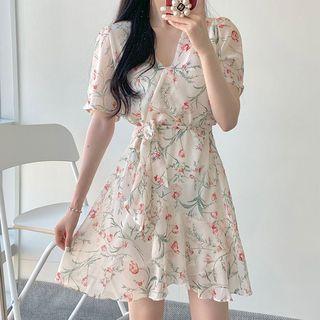 Short-sleeve Floral Ruffled A-line Mini Dress