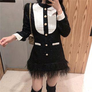 Color-block Fringed Long-sleeve Dress