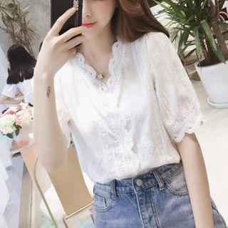 Short-sleeve Lace Trim Plain Top
