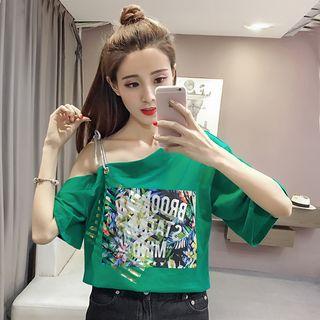 Cold-shoulder Short-sleeve Printed T-shirt