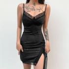 Spaghetti Strap Lace-trim Floral Print Slit Mini Bodycon Dress