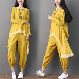 Set: Long-sleeve Layered Top + Harem Pants