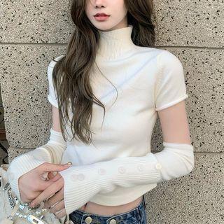 Set: Short-sleeve Mock-neck Plain Cropped Top + Arm Sleeves