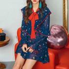 Bow Accent Printed Long-sleeve A-line Dress As Shown In Figure - One Size