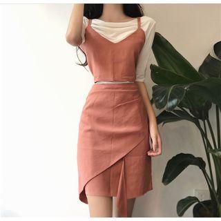 Plain V-neck Elbow-sleeve Top / Set:plain Spaghetti-strap Top + Asymmetric High-waist Skirt