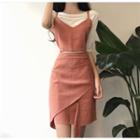 Plain V-neck Elbow-sleeve Top / Set:plain Spaghetti-strap Top + Asymmetric High-waist Skirt