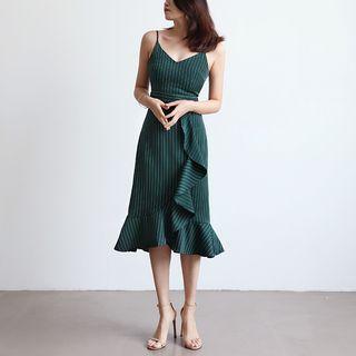 Spaghetti-strap Striped Ruffled Trim Dress