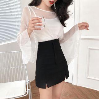 Long-sleeve Sheer Top / A-line Mini Skort