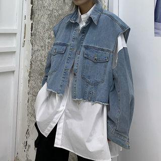 Distressed Denim Vest / Denim Panel Shirt / Set