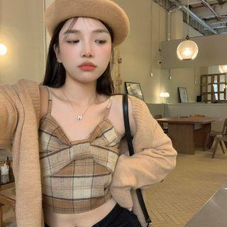 Plaid Crop Camisole Top / Cardigan