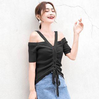 Drawstring Cold-shoulder Knit Top