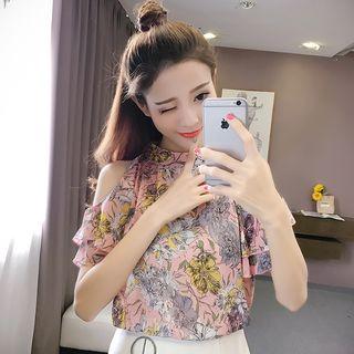 Elbow-sleeve Floral Print Cutout Chiffon Top