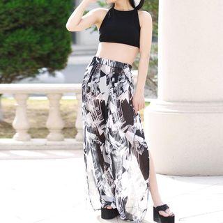Set: Plain Bikini + Printed Wide Leg Pants