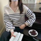 Long-sleeve V-neck Striped Knit Top Off-white - One Size