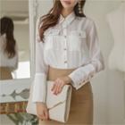 Long-sleeve Dual-pocket Metallic-button Blouse