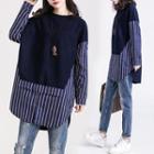 Striped Panel Long-sleeve Top Blue - One Size