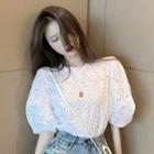 Elbow-sleeve Perforated Blouse White - One Size