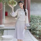Traditional Chinese Floral Embroidered Vest / Long-sleeve Qipao Dress / Set