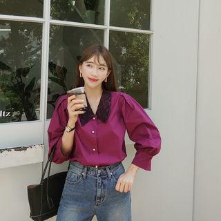 Laced Chelsea-collar Bishop-sleeve Blouse Purple - One Size