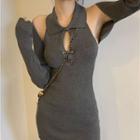 Set: Halter Sheath Dress + Shrug Set Of 2 - Dress & Shrug - Gray - One Size