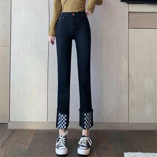 High Waist Checkerboard Panel Straight Leg Cropped Jeans