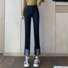 High Waist Checkerboard Panel Straight Leg Cropped Jeans