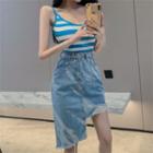Striped Ribbed Camisole Top / Asymmetrical Distressed A-line Denim Skirt