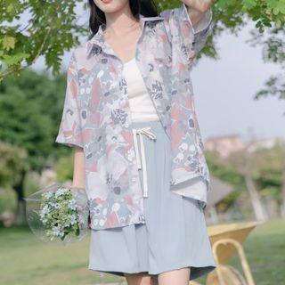 Elbow-sleeve Floral Shirt / Camisole Top / Wide Leg Shorts