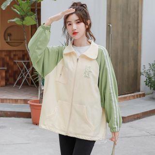Rabbit Print Striped Zip-up Jacket