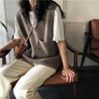 Pocket Detail V-neck Knit Vest Khaki - One Size
