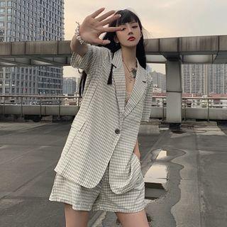 Set: Elbow-sleeve Plaid Single Breasted Blazer + Shorts