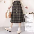 Button-front Plaid Midi A-line Skirt As Shown In Figure - One Size
