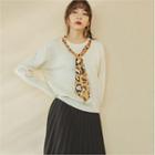 Round-neck Knit Top With Leopard Scarf