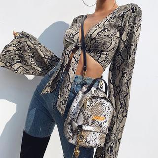 Self-tie Bell-sleeve Cropped Python Top