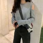 Plain Cold-shoulder Long-sleeve T-shirt / Belt