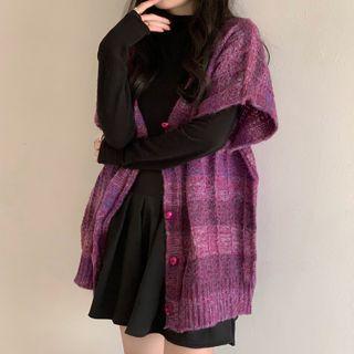 Elbow-sleeve Plaid Cardigan Plaid - Purple - One Size