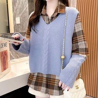 Set: Knit Panel Plaid Shirt + Sweater Vest