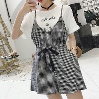 Set: Short-sleeve T-shirt + Spaghetti Strap Plaid Playsuit