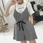 Set: Short-sleeve T-shirt + Spaghetti Strap Plaid Playsuit
