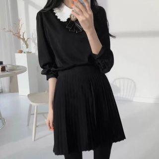 Long-sleeve Bow Accent Blouse / Mini A-line Pleated Skirt