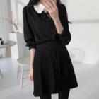 Long-sleeve Bow Accent Blouse / Mini A-line Pleated Skirt