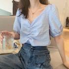 Short-sleeve Gingham Shirred Cropped Top As Shown In Figure - One Size