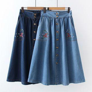 Floral Embroidered Button-up Denim Midi Skirt