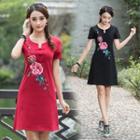 Short-sleeve Embroidered Frog-button Mini Dress