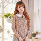 Long-sleeve Lace-collar Floral Top